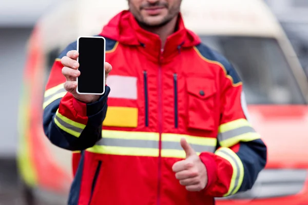 Partial View Paramedic Holding Smartphone Blank Screen Showing Thumb — Stock Photo, Image