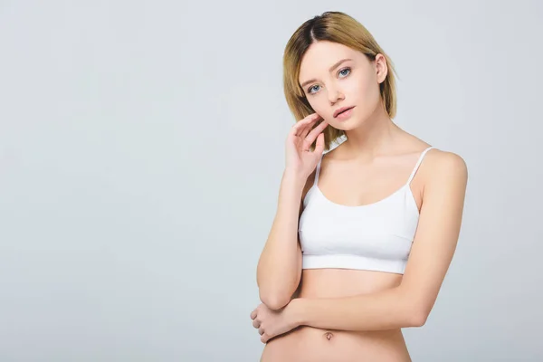 Attractive Young Woman Posing White Bra Isolated Grey — Stock Photo, Image