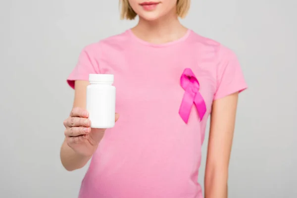 Beskuren Bild Flicka Rosa Shirt Med Bröst Cancer Awareness Band — Stockfoto