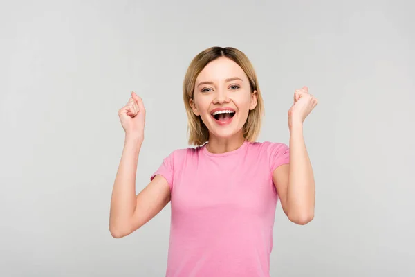 Excited Attractive Blonde Woman Isolated Grey — Stock Photo, Image