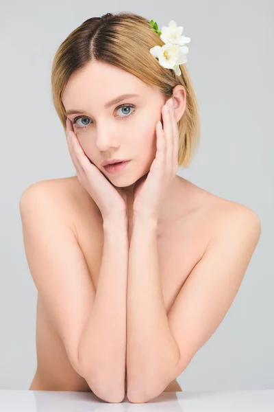 Tender Naked Young Woman Posing Clean Face Freesia Flowers Hair — Stock Photo, Image