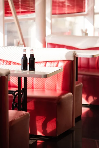 Glass Bottles Soda Table Copy Space Cafe — Stock Photo, Image