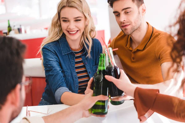 Selective Focus Smiling Attractive Friends Cheering Soda Beer Cafe — Stock Photo, Image