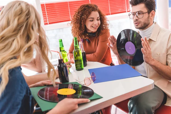 Selective Focus Handsome Beautiful Friends Talking Holding Vinyl Cafe — Stock Photo, Image