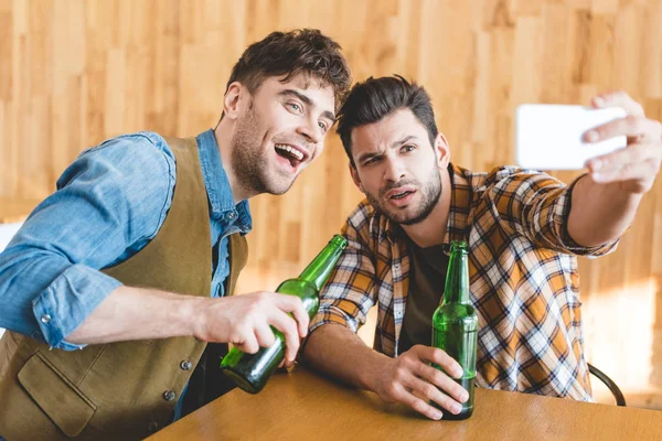 Handsome Men Holding Glass Bottles Beer Taking Selfie Cafe — Stock Photo, Image