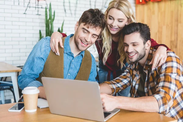 Handsome Attractive Friends Using Laptop Smiling Cafe — Stock Photo, Image