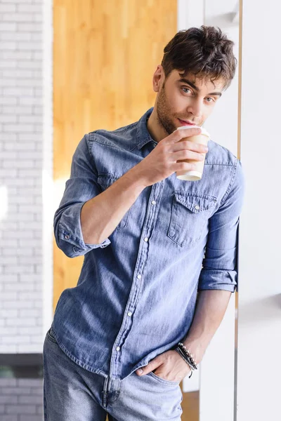 Handsome Man Holding Paper Cup Looking Camera Cafe — Stock Photo, Image
