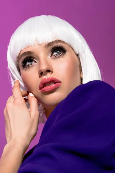 Dreamy Girl White Wig Looking Isolated Purple — Stock Photo, Image