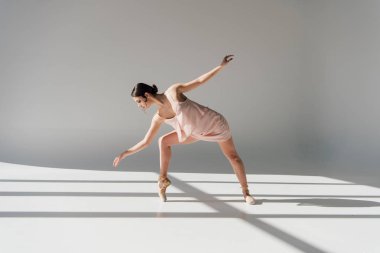 Güneş ışığında dans pembe elbiseli esmer zarif balerin 