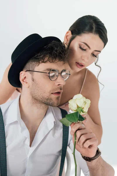 Handsome Man Black Hat Glasses Gifting Rose Beautiful Girl — Stock Photo, Image