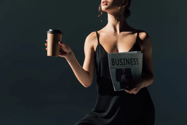 Partial View Ballerina Posing Business Newspaper Disposable Cup — Stock Photo, Image