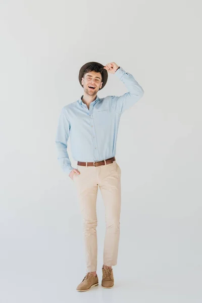 Cheerful Man Blue Shirt Beige Jeans Looking Camera Isolated Grey — Stock Photo, Image