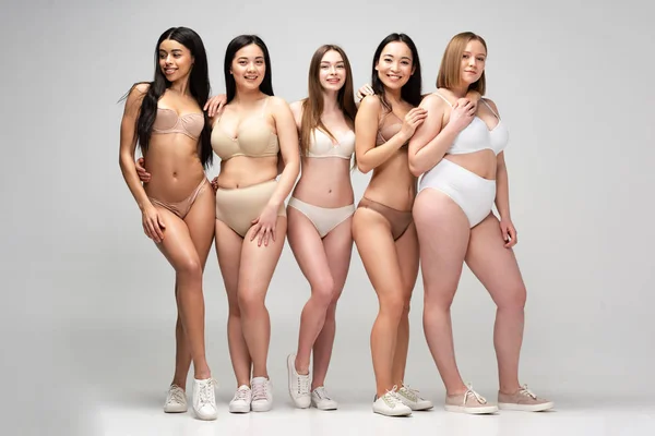 Five Pretty Multicultural Woman Lingerie Posing Camera Body Positivity Concept — Stock Photo, Image