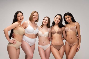  Beş çekici çok kültürlü kadın iç çamaşırı kameraya poz sarılma izole gri, vücut pozitifliği kavramı üzerinde