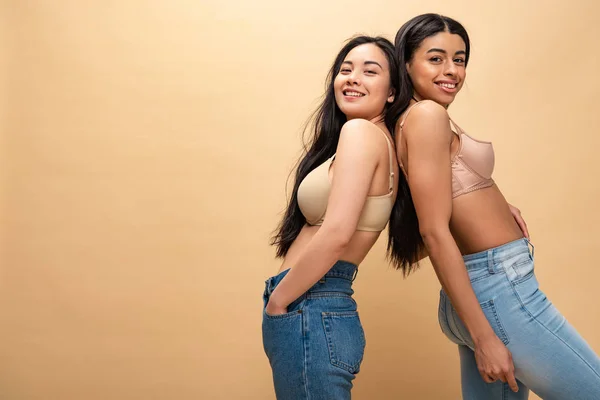 Two Multicultural Happy Girls Blue Jeans Bra Standing Back Back — Stock Photo, Image