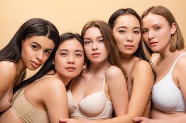 five beautiful multicultural women posing at camera together isolated on beige