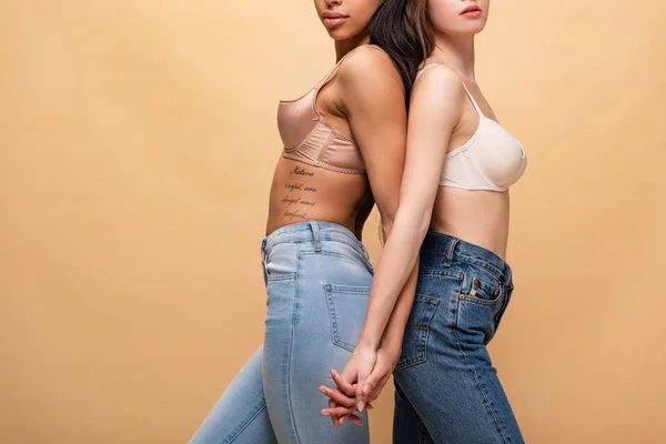裁剪的观点两个多元文化的女孩牵手 而站在背对着孤立的米色 — 图库照片