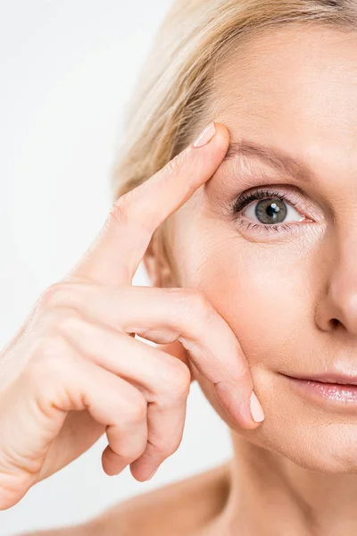 Partial View Mature Woman Looking Camera Touching Her Face Isolated — Stock Photo, Image