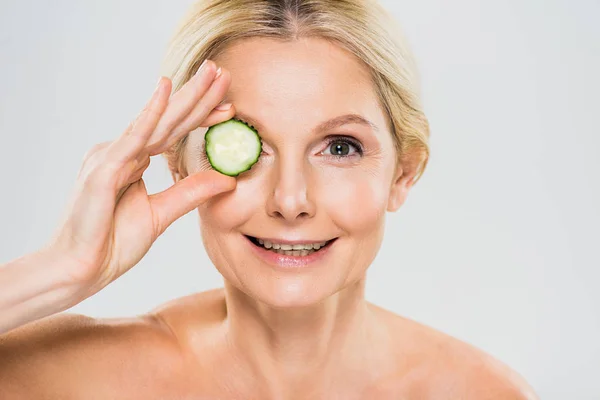 Beautiful Mature Woman Holding Cut Cucumber White Background — Stock Photo, Image