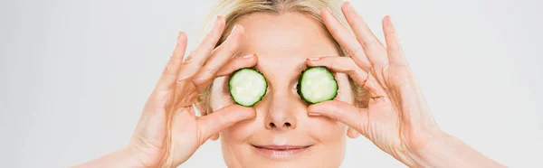 Panoramic Shot Beautiful Blonde Mature Woman Holding Cut Cucumber Grey — Stock Photo, Image