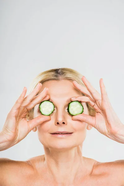 Beautiful Blonde Mature Woman Holding Cut Cucumber Grey Background Copy — Stock Photo, Image