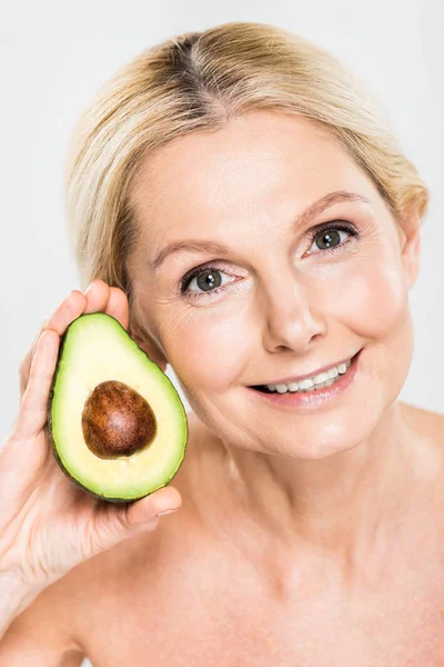 Beautiful Smiling Woman Holding Avocado Looking Camera Isolated Grey — Stock Photo, Image