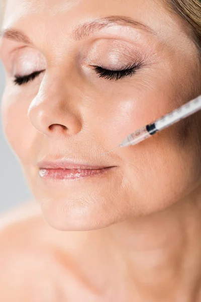 Selective Focus Beautiful Mature Woman Closed Eyes Getting Beauty Injection — Stock Photo, Image