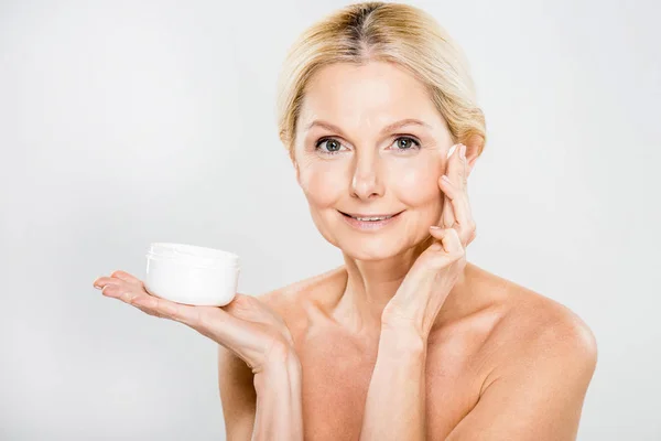Beautiful Happy Mature Woman Looking Camera Applying Cosmetic Cream — Stock Photo, Image