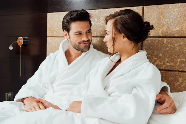 Cheerful Bearded Man Holding Hands Beautiful Girlfriend Bed — Stock Photo, Image