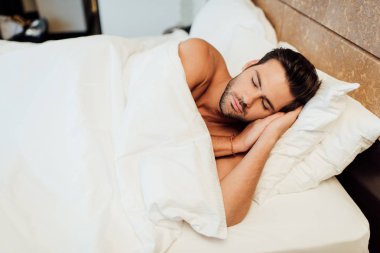 yakışıklı sakallı adam yatakta battaniye altında uyku 