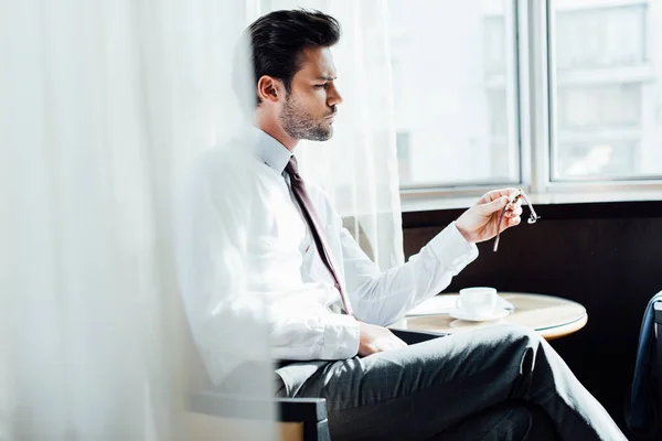 Selective Focus Handsome Bearded Man Suit Looking Watch While Sitting — Stock Photo, Image