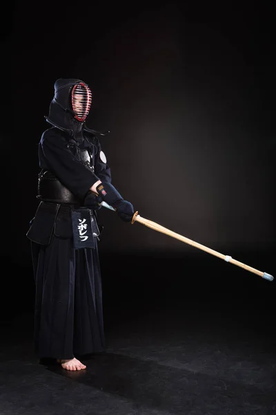 Full Length View Kendo Fighter Armor Practicing Bamboo Sword Black — Stock Photo, Image