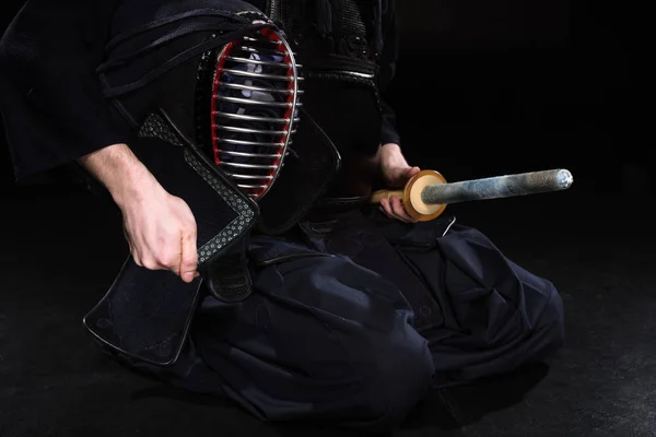 Cropped View Kendo Fighter Holding Helmet Bamboo Sword Black — Stock Photo, Image