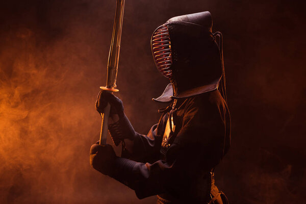 Боковой вид борца кэндо в доспехах, держащего бамбуковый меч в дыму
