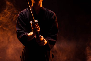 Gencin duman kendo kılıç tutan kimono içinde kırpılmış görünümü