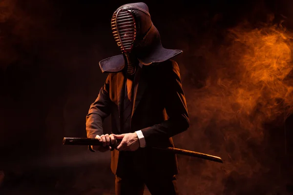Kendo Fighter Formal Wear Helmet Holding Bamboo Sword Dark — Stock Photo, Image