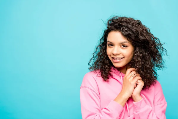 Cheerful Curly African American Girl Looking Camera Isolated Blue — Stock Photo, Image