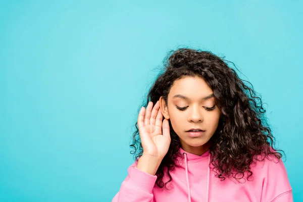 Beautiful Curly African American Girl Touching Ear Isolated Blue — Stock Photo, Image