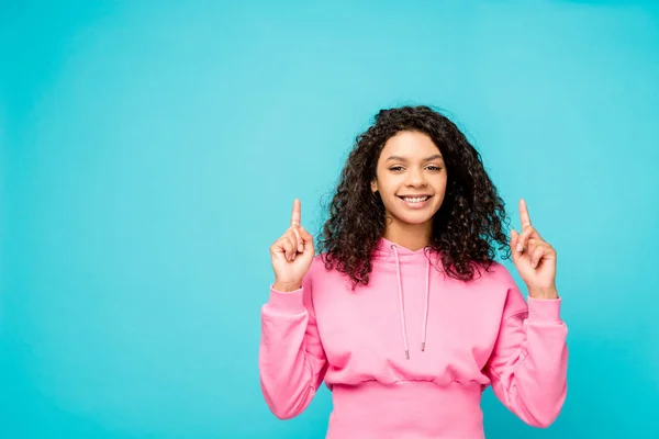 Happy Curly African American Girl Pointing Fingers Looking Camera Isolated — Stock Photo, Image