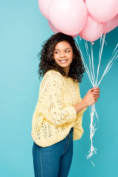 Beautiful African American Girl Holding Pink Air Balloons Isolated Blue — Stock Photo, Image