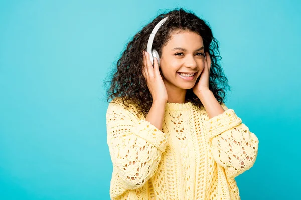 Happy Curly African American Girl Listening Music Headphones Isolated Blue — Stock Photo, Image