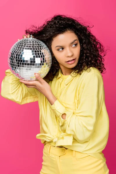 Attractive African American Woman Holding Shiny Disco Ball Isolated Crimson — Stock Photo, Image