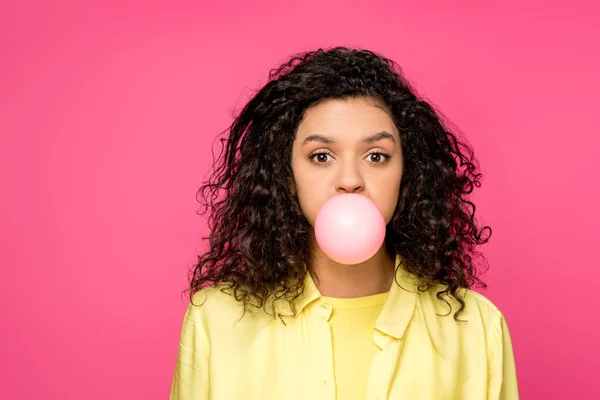 Attractive Curly African American Woman Blowing Bubble Gum Isolated Crimson — Stock Photo, Image