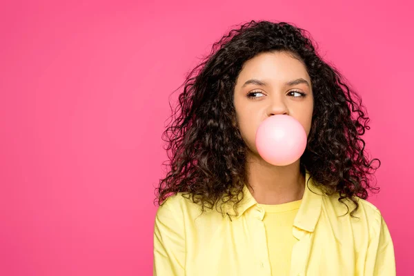 Curly African American Girl Blowing Bubble Gum Isolated Crimson — Stock Photo, Image