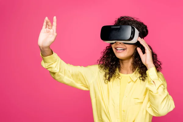 Happy Curly African American Woman Wearing Virtual Reality Headset Gesturing — Stock Photo, Image