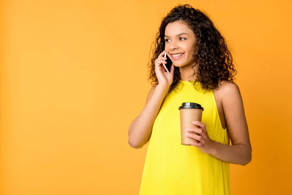 Happy Curly African American Woman Talking Smartphone While Holding Paper — Stock Photo, Image