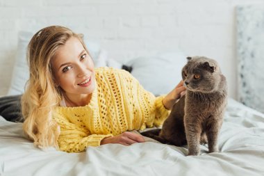 evde yatakta yatarken kamera bakıyor ve İskoç kat kedi okşayarak örme kazak güzel kız