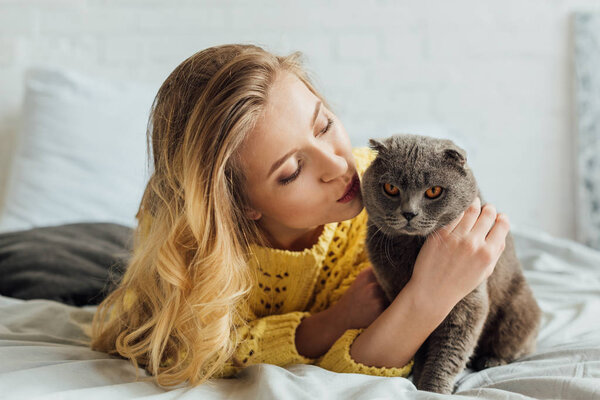 beautiful girl in knitted sweater lying in bed and stroking scottish fold cat 