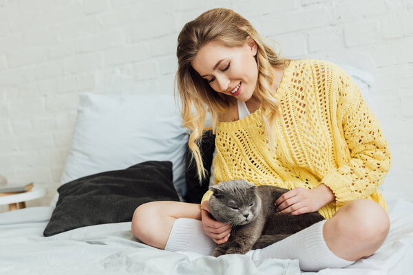 beautiful smiling girl in knitted sweater stroking scottish fold cat while lying in bed at home