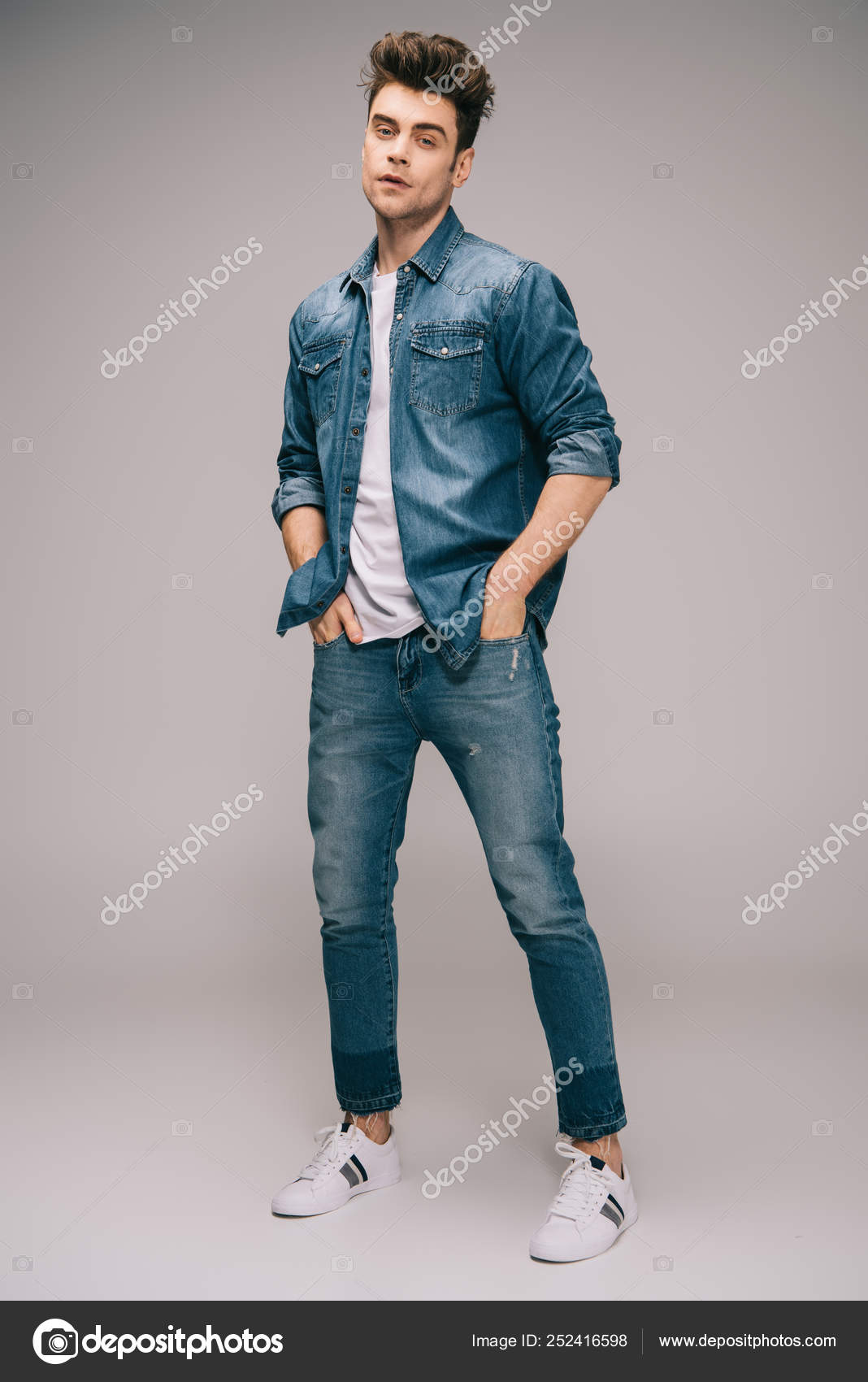 Handsome Good Looking Man Jeans Skirt Shirt Hands Pockets Looking Stock  Photo by ©AllaSerebrina 252416598